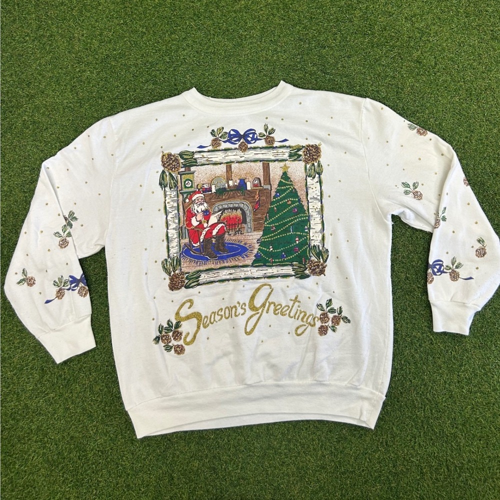 Vintage Holiday Time Seasons Greetings Santa Christmas Sweatshirt White‎ XL